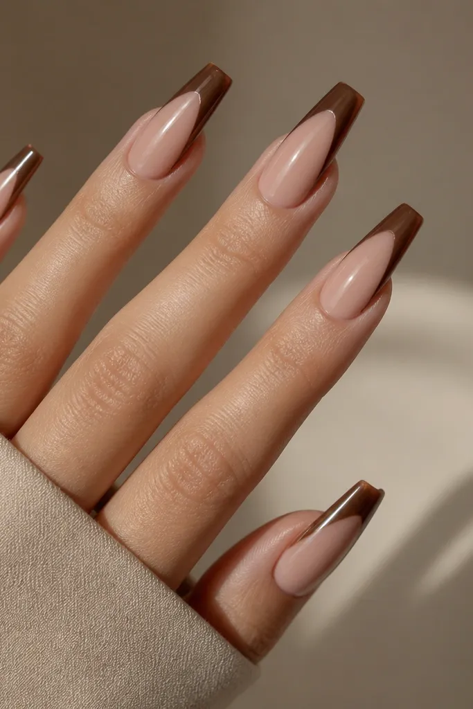 Coffin nails with nude base. The French tips are painted deep cocoa brown, then covered with a brown-toned chrome powder that gives a mirror-like shine. High gloss over chrome.