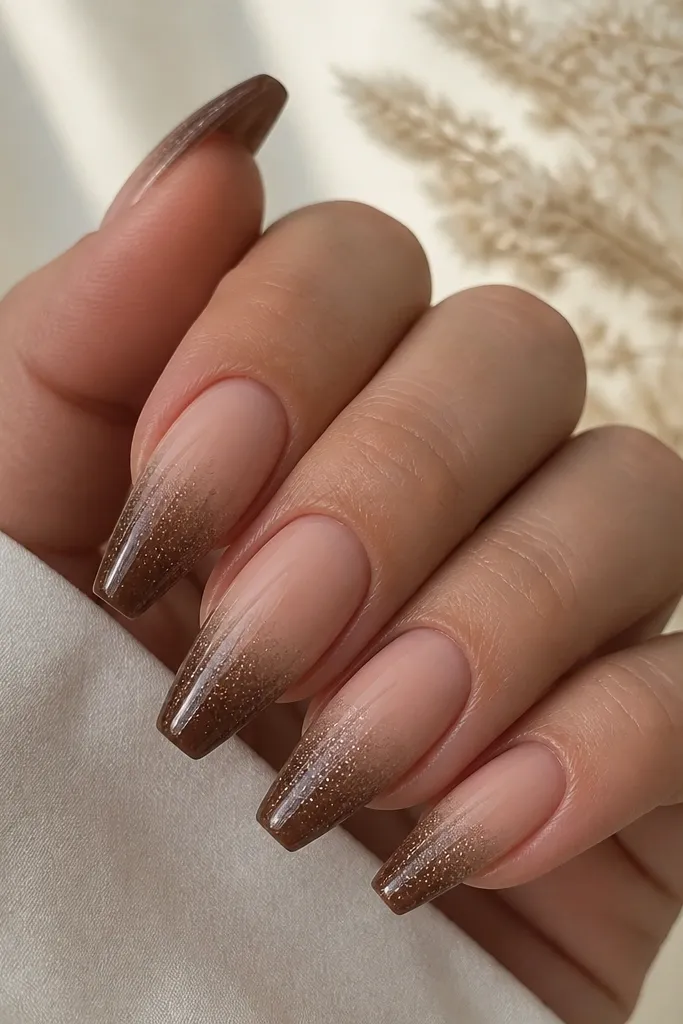 Coffin nails with nude base. French tips are smoked brown with a fade into tiny fine glitter that starts near the free edge and thins out toward the middle. Glossy top coat.