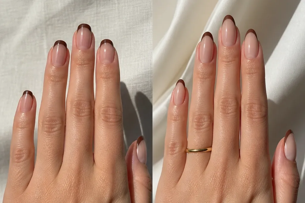 Before and after transformation brown french tip nails