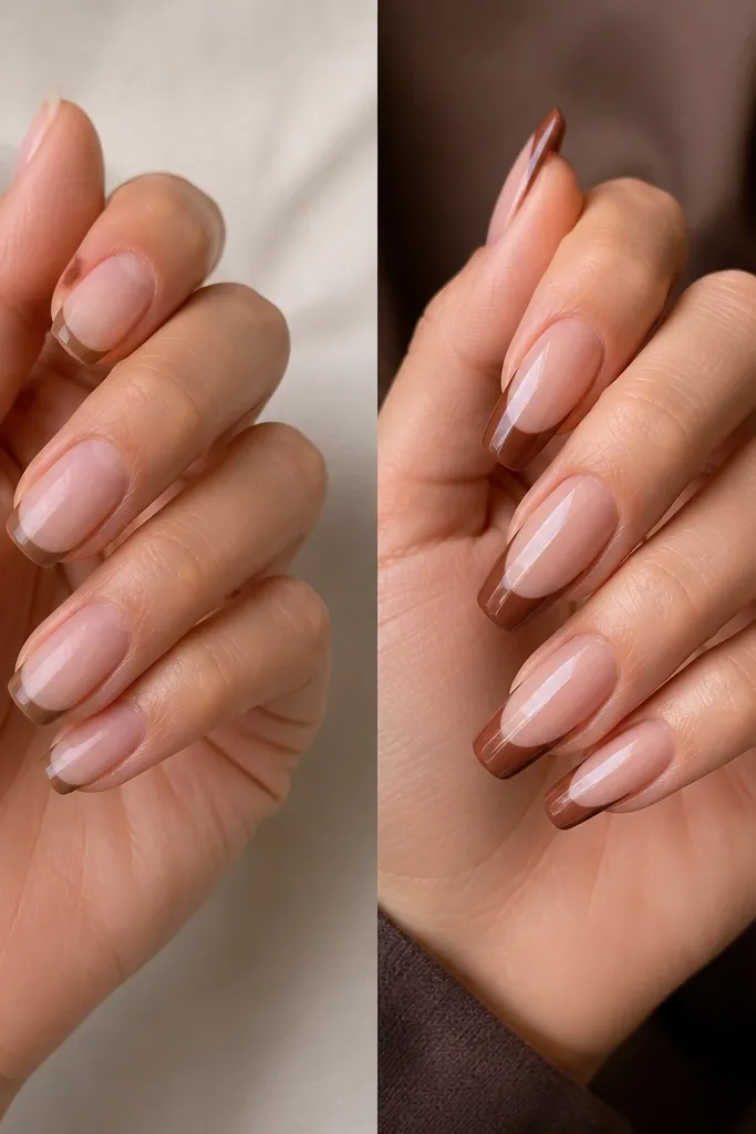 Before and after transformation brown french tip nails