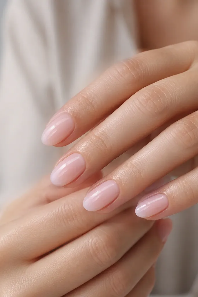 Short almond nails with a milky pink nude acrylic base. The cuticle area is slightly clearer, then blends into the pink. High-gloss finish reflects light evenly.