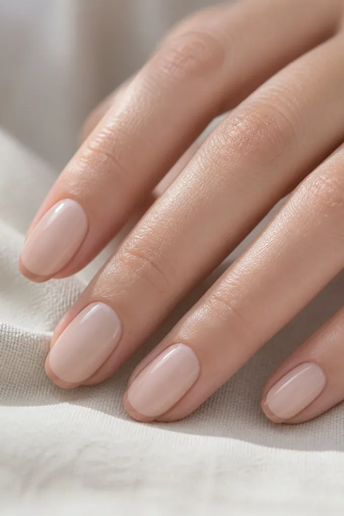 Neutral beige nude nails with a very thin French tip. The tip line is about 1.5mm wide, slightly darker than the base. Glossy finish, no other decoration.