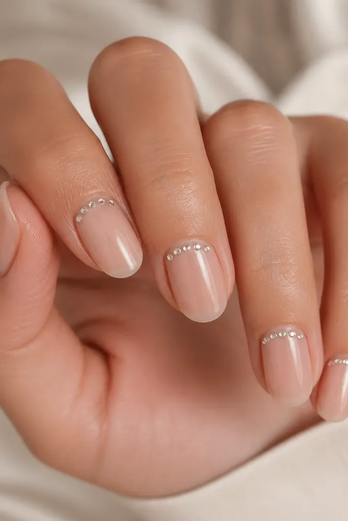 Clear-sheer nude nails with a thin row of tiny flat-back rhinestones across the cuticle line. Stones are small (around 1.3mm). Glossy top coat over the design.