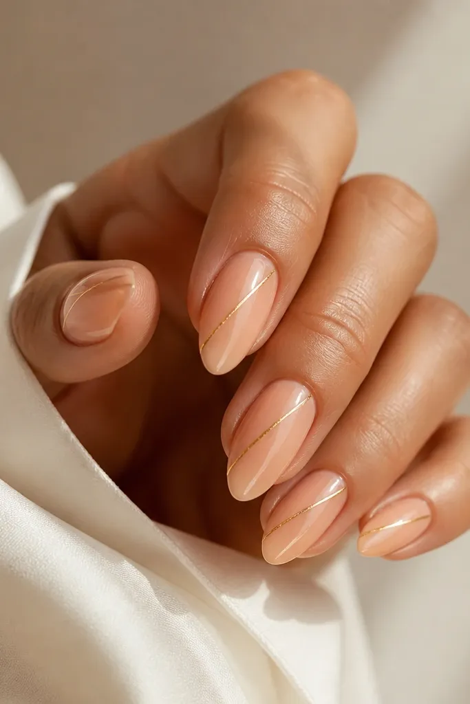 Peachy nude acrylic nails with a single thin gold foil line running diagonally from near the cuticle to mid-nail. High shine top coat.