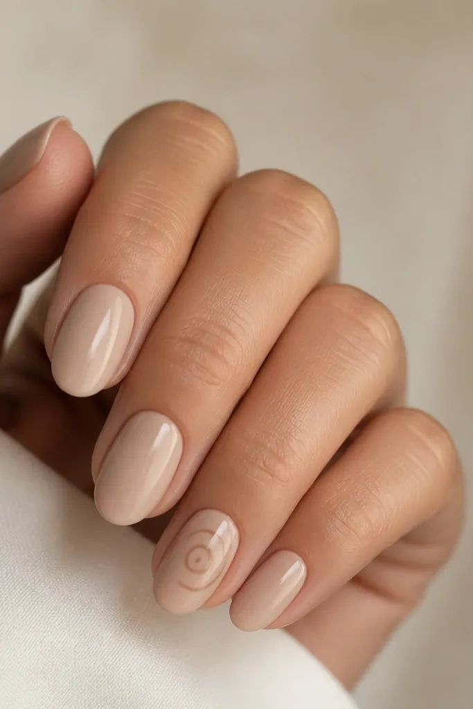 All nails are nude beige. The ring finger has a tiny swirl in slightly darker nude near the center, painted in a thin line. Glossy finish.