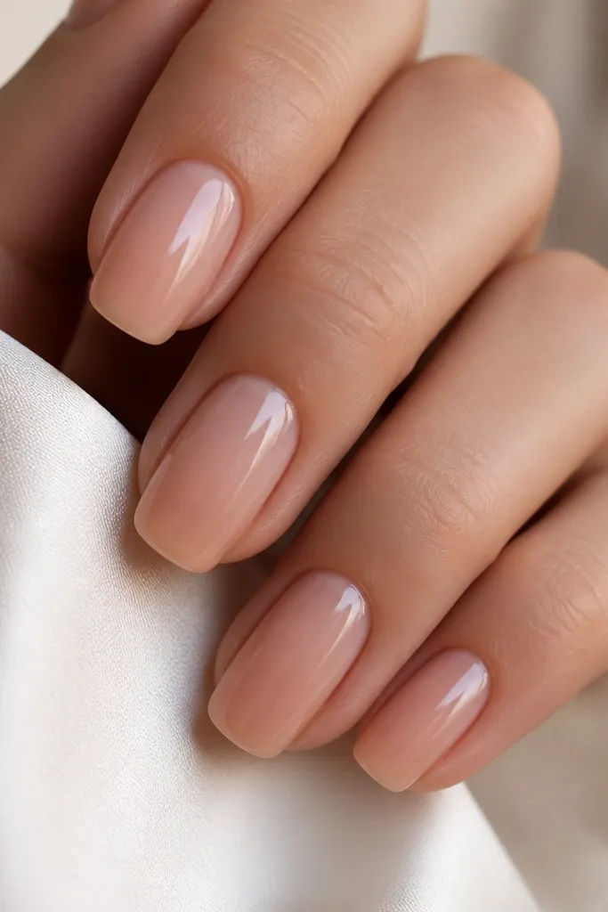 Soft squoval nails with a sheer nude base. The tip fades into a slightly deeper nude, creating a gentle ombre gradient. Glossy finish.