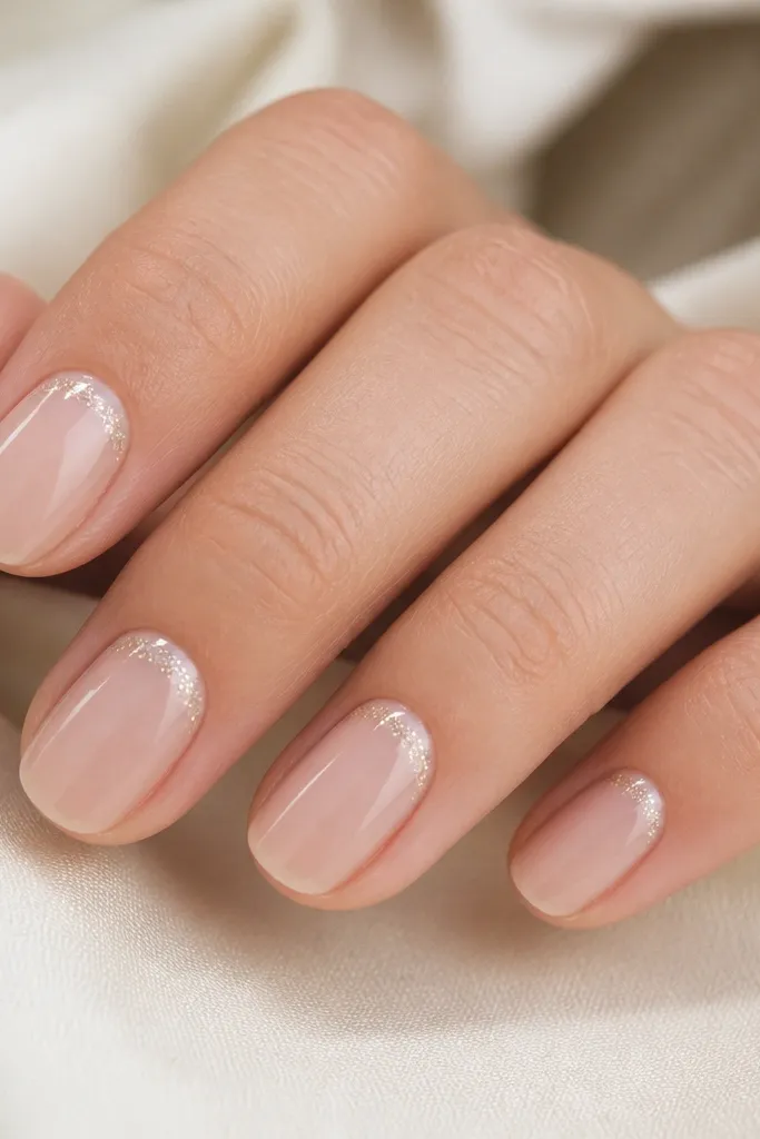 Sheer nude nails with a tiny halo of micro glitter concentrated at the cuticle. No glitter on the rest of the nail. Glossy finish.