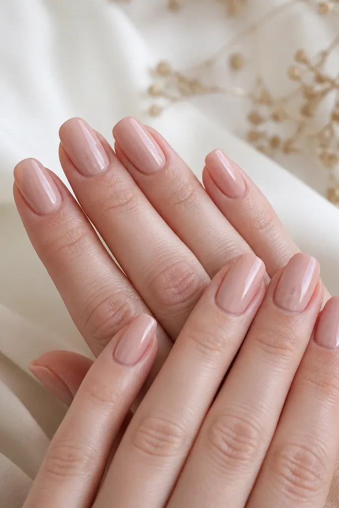 Rosy nude acrylic nails with a cluster of 3 tiny dots in a slightly darker rose near the center of one accent nail. Glossy finish.