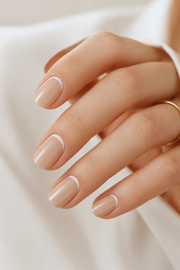 Classic nude beige nails with a thin white half-moon at the cuticle. Half-moon is narrow and clean, glossy finish.