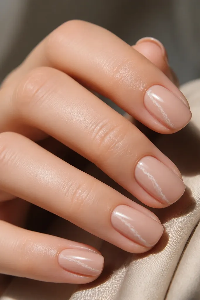 Nude beige nails with a faint marble vein in off-white near the sidewall. Vein looks wispy, not bold. Glossy top coat.