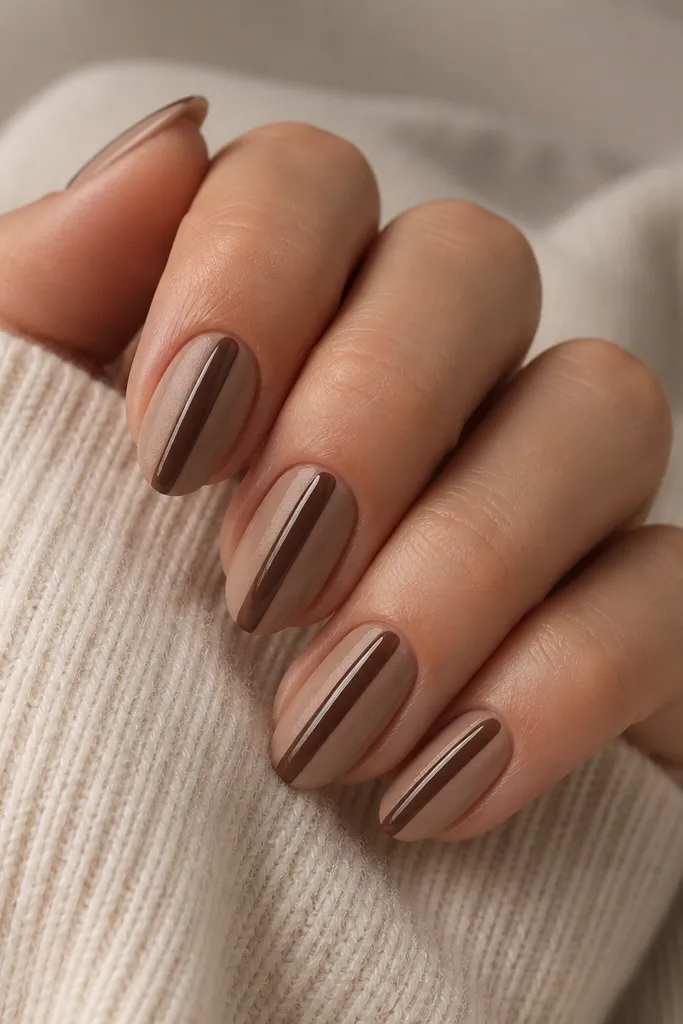 Short almond nails in warm nude with a darker chocolate-tinted center stripe. Stripe is glossy and slightly raised. Others are matte or satin.