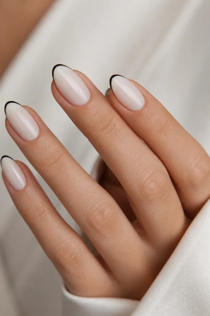 Almond nails painted sheer white with a super-thin black French line at the smile. The line is crisp, and the tip area has a tiny white highlight just above the black stroke.