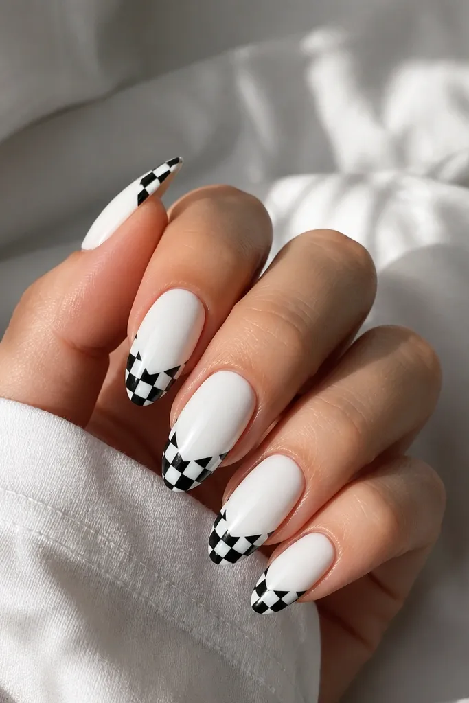 White almond nails with a black-and-white checker zigzag pattern concentrated at the very tip. The rest of the nail is clean white with a glossy finish.