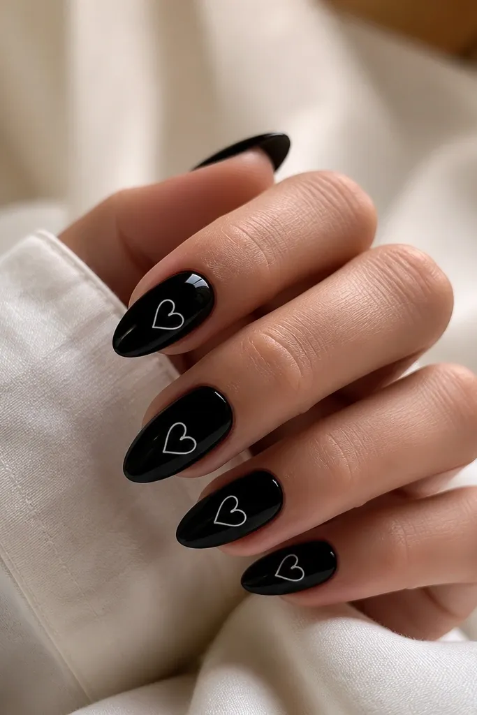 Deep black almond nails with small white outline hearts near the center. Each heart is thin-lined and slightly tilted, with a glossy finish.