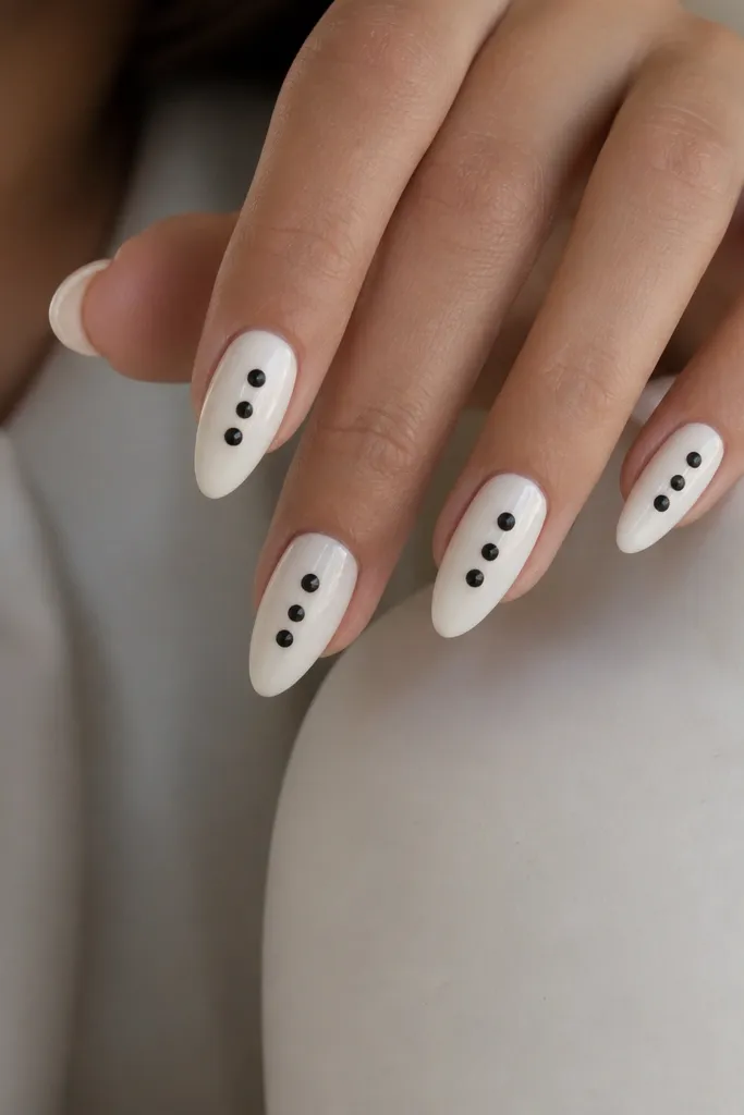 White almond nails with three black dots on each nail. Around each dot is a thin white ring, creating a halo effect.