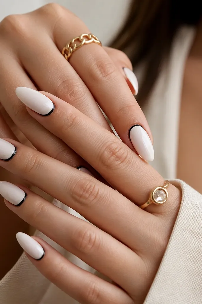 White almond nails with a thin black outline that frames the cuticle area like a window border. A matching thin white line sits inside on some nails.