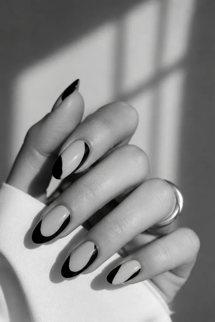 Creative black and white almond nails
