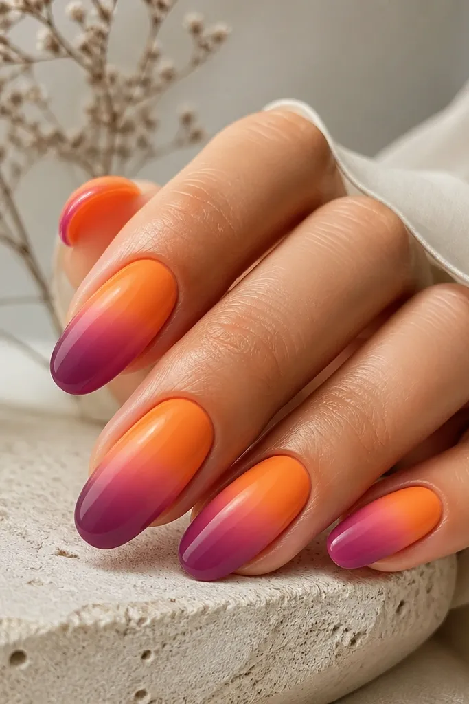 Five nails show a smooth ombre from bright tangerine at the cuticle to plum purple at the tip, with a faint, curved horizon line across the middle and a glossy top coat.
