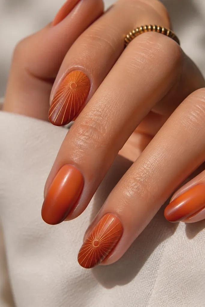 Accent nails have a burnt orange gradient sky, with thin gold rays fanning out from a small circle near the center. Other nails are solid burnt orange with a subtle dusk fade at the tips.