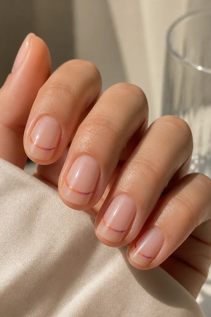 Clear nude nails with a single thin arc in orange across the lower third, fading into a whisper of purple near the arc's end, all under a glassy shine.