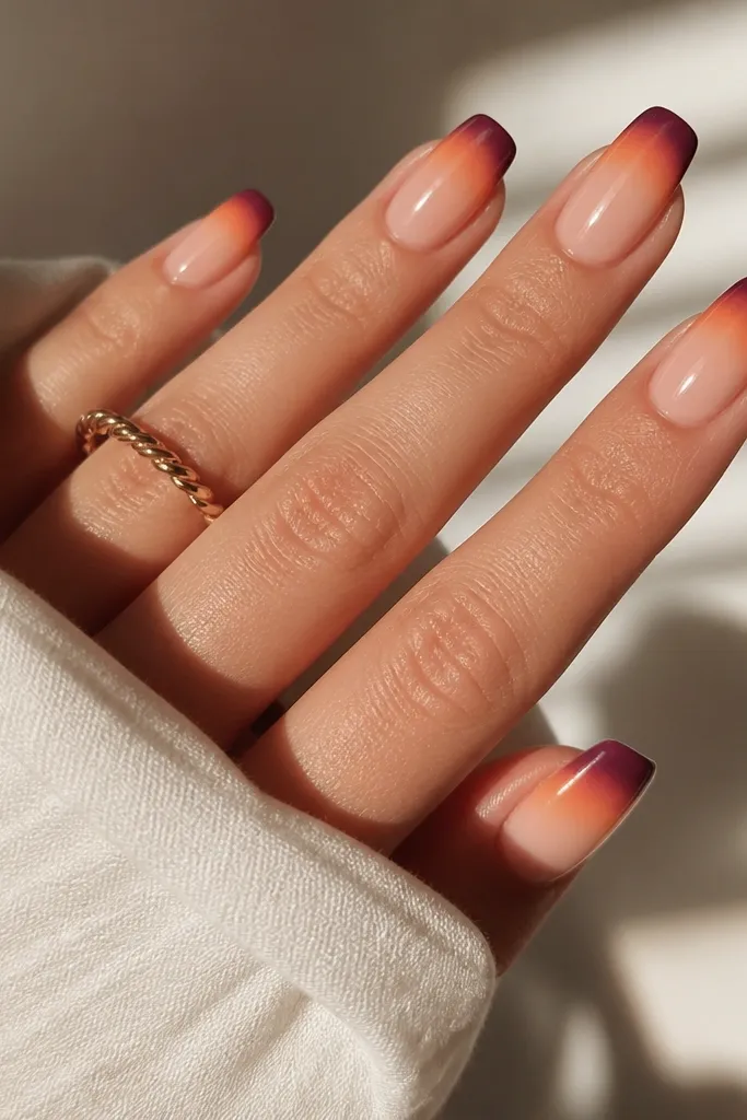 Classic french tips are replaced with a sunset gradient: orange at the smile line fading into plum at the outer tip, with a crisp nude base and glossy finish.