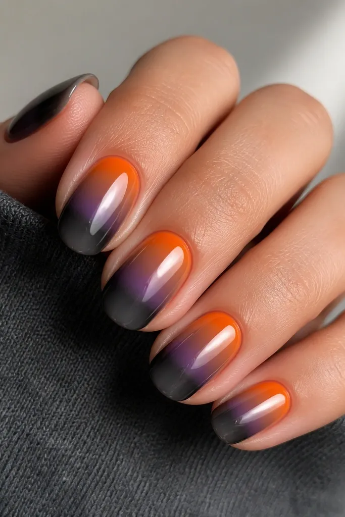 Each nail has orange glow at the cuticle fading into a smoky charcoal haze, with a soft purple band near the middle and a high-shine top coat.