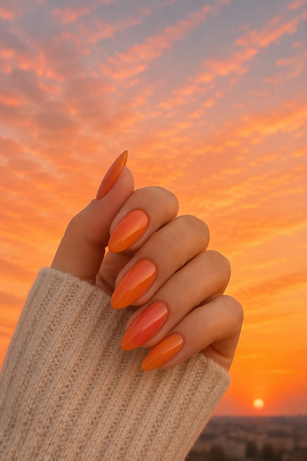 A bright orange-to-soft-plum gradient with small white cloud-like strokes across the middle, like wispy clouds on a sunset sky.