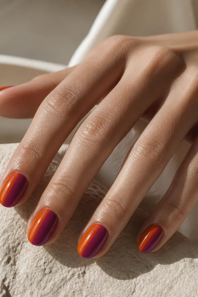 Each nail has a diagonal split: one side is bright orange, the other side is plum purple blended softly at the diagonal edge, under glossy top coat.