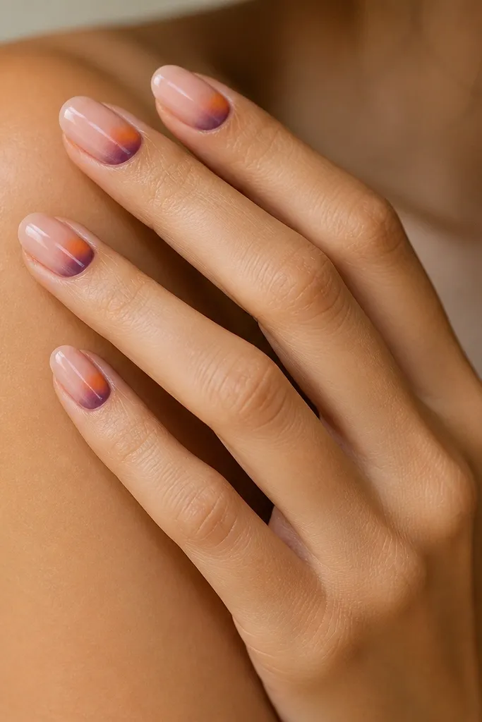 A nude base with a bright orange half-moon at the cuticle, fading into plum toward the outer sides, with a glossy finish.
