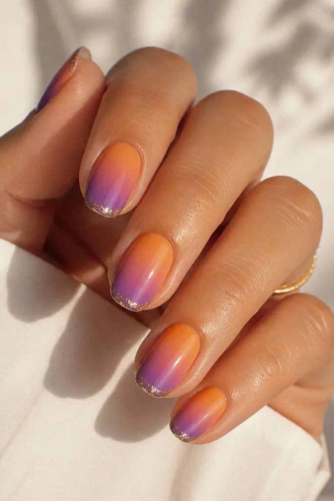 Orange-to-purple ombre nails with a thin line of micro-glitter only at the very tip edge, like a glitter horizon.