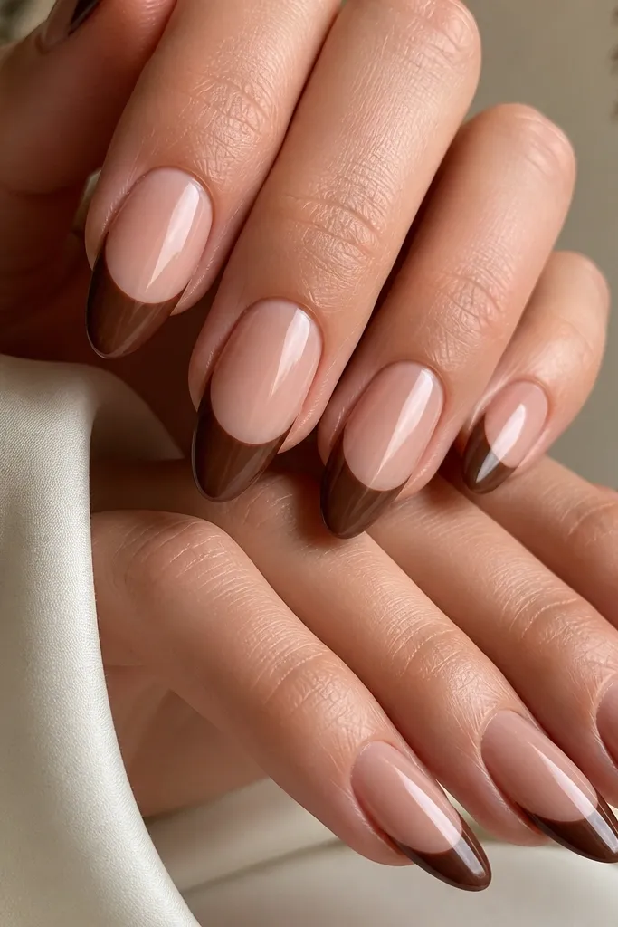 A close-up of almond-shaped nails with a nude pink base. The French tips are smooth, opaque milk chocolate brown with a clean smile line and glossy finish.