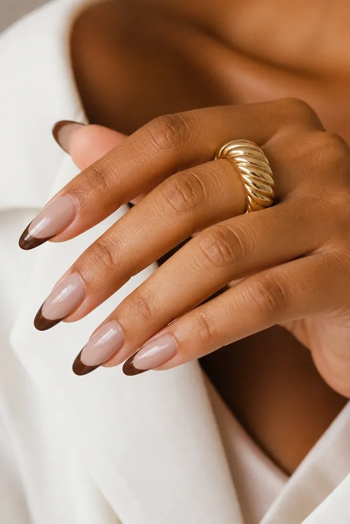 Almond nails with a clear jelly nude base. The French tips are deep espresso brown and look like they're sitting under a glossy layer.