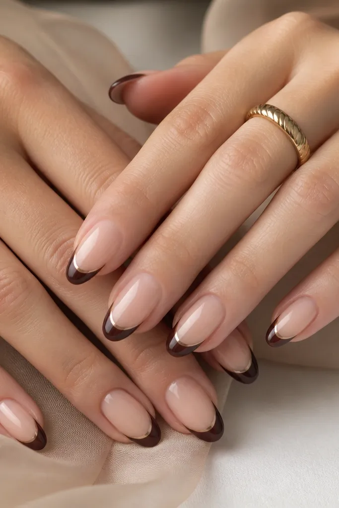 Almond nails with a nude base. Chocolate brown French tips have a super thin glossy line around the outer curve, like a clean border.