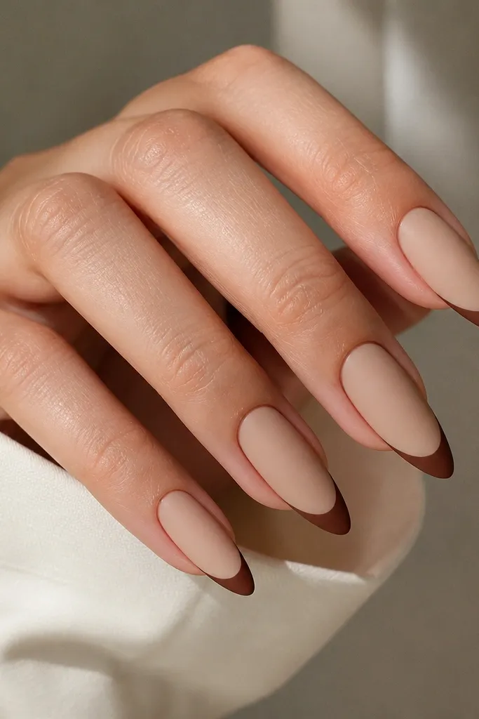 Almond nails with a nude base. Cinnamon brown French tips are matte, while the nude base is also matte, giving a velvety finish.