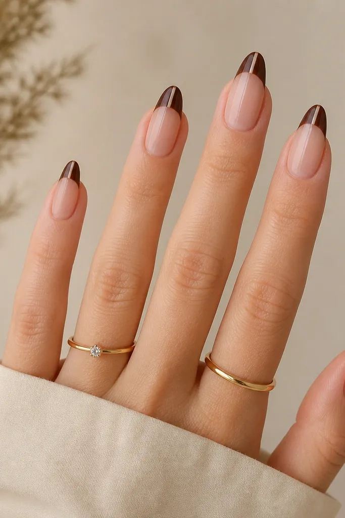 Almond nails with a nude pink base. Dark brown French tips include a thin nude pink vertical stripe in the middle of the tip area.