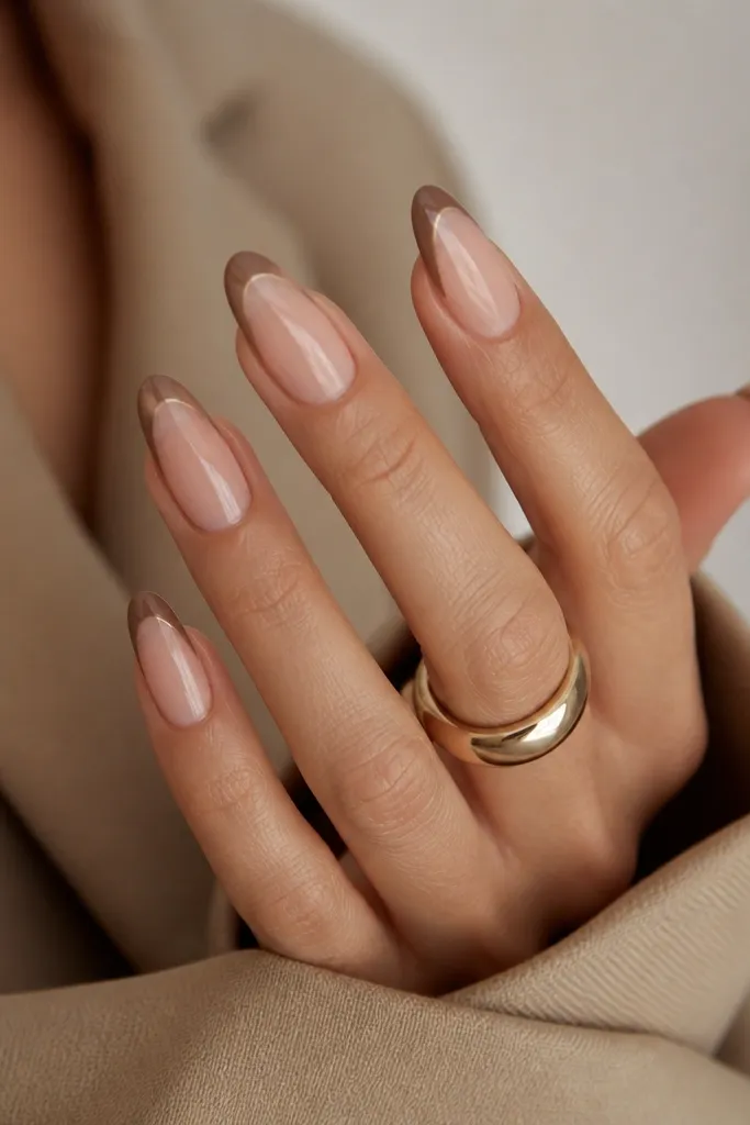 Almond nails with a sheer nude base. The French tip is brown only on the outer arc, leaving a clear negative-space curve in the middle of the tip.