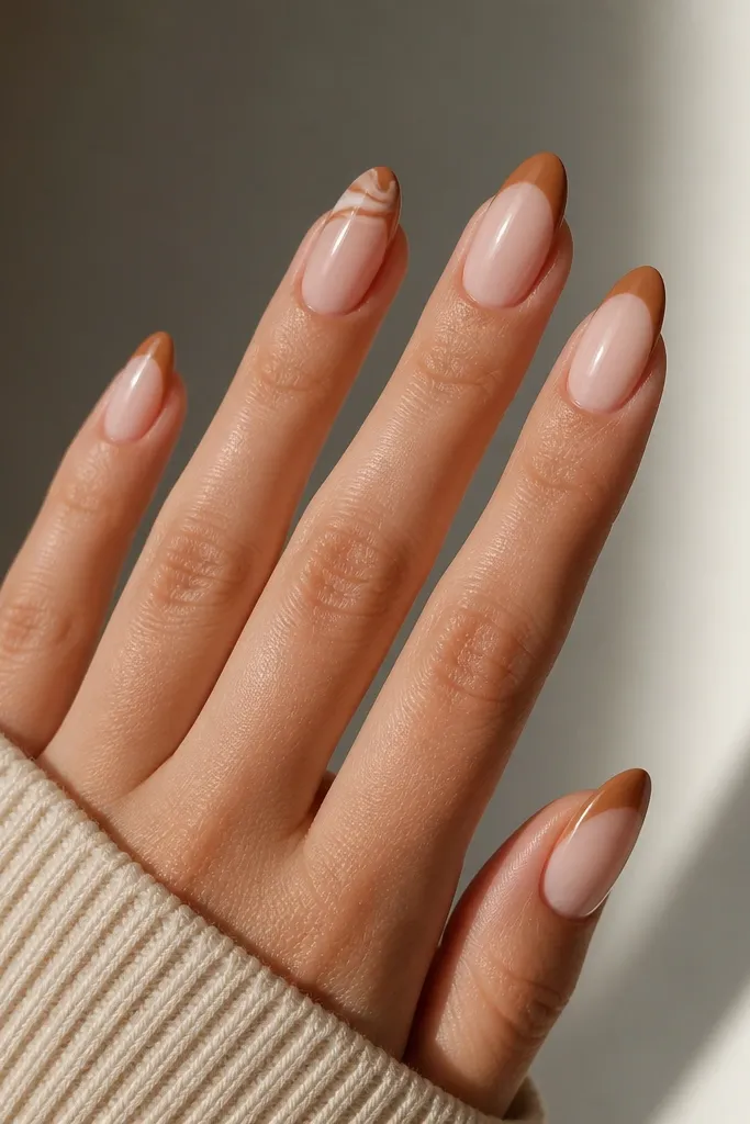 Almond nails with caramel brown French tips. One accent nail has a small caramel swirl pattern inside the French area; the rest are plain French.