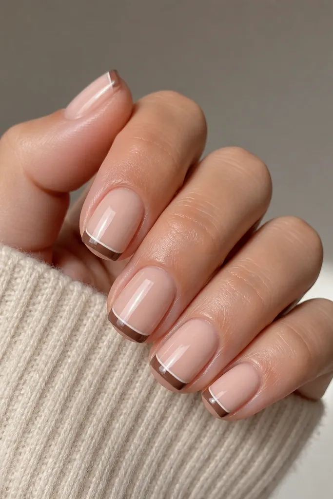 Square-short nails with a sheer nude base, a cocoa-brown French tip drawn as a thin band, and a separate milky white micro line sitting inside the brown at the outer edge; glossy finish.