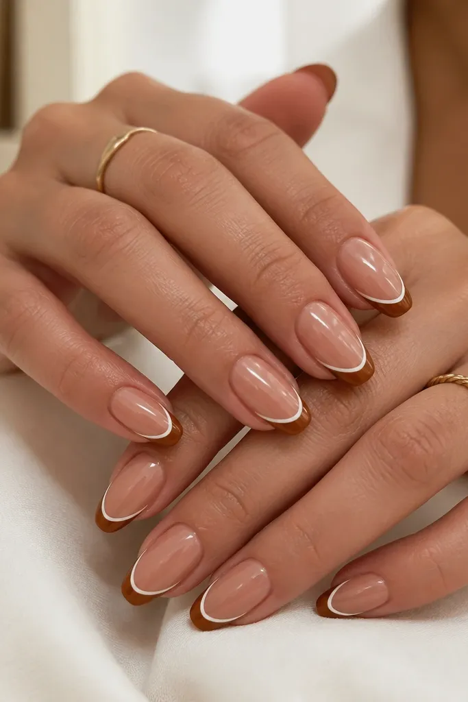 Medium almond nails with a creamy caramel nude base and classic French tips in warm brown; the white is a thin outline bordering the brown tip; glossy top coat.