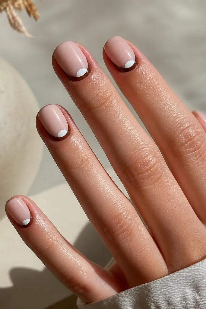 Short oval nails with a clear or nude base, chocolate-brown reverse French at the cuticle, and a bright white half-moon centered within the cuticle area; high gloss.