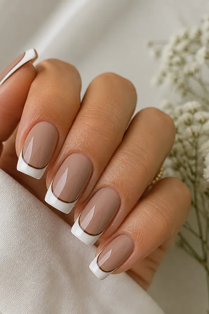 Medium square nails with a warm taupe nude base, thick white French tips, and a thin brown outline tracing the outer edge of the white; glossy finish.