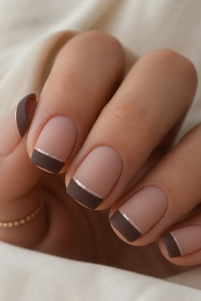 Short squoval nails with matte cocoa-brown French tips; a glossy milky white smile line runs across the tip just under the outer edge; matte top coat overall with glossy line contrast.