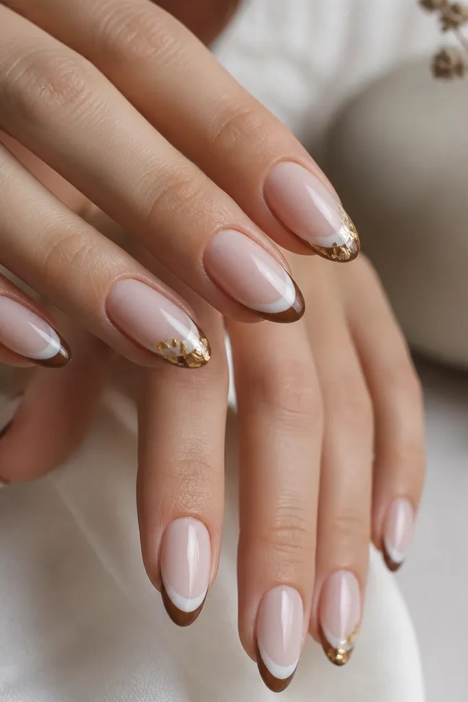 Almond nails with a sheer nude base, brown French tips, milky white inner tips, and tiny gold foil flecks concentrated on two nails near the outer tip edge; glossy.