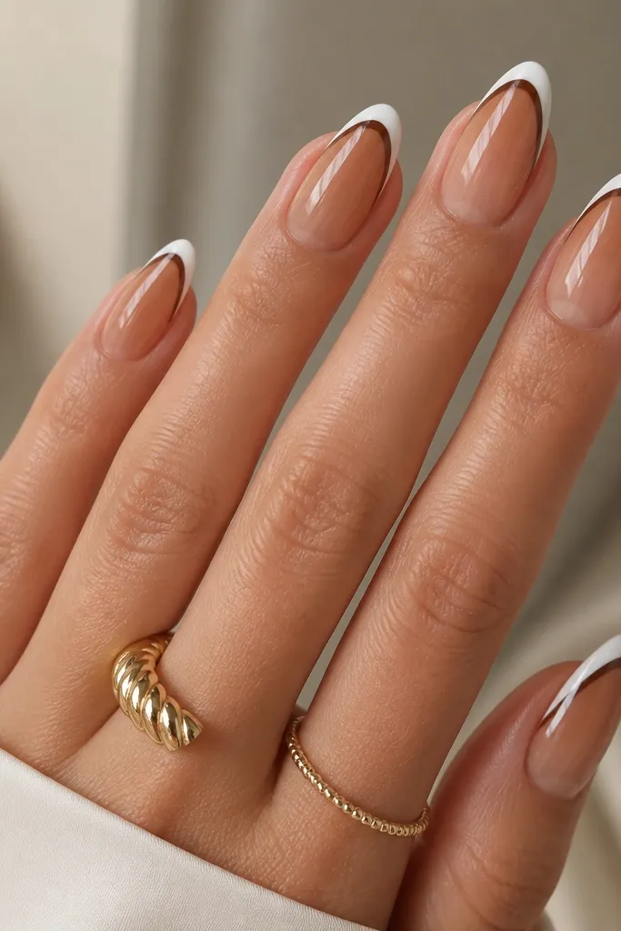 Medium almond nails with a caramel-to-nude ombre base; French tips are white, and brown forms a reverse border inside the white edge; glossy.