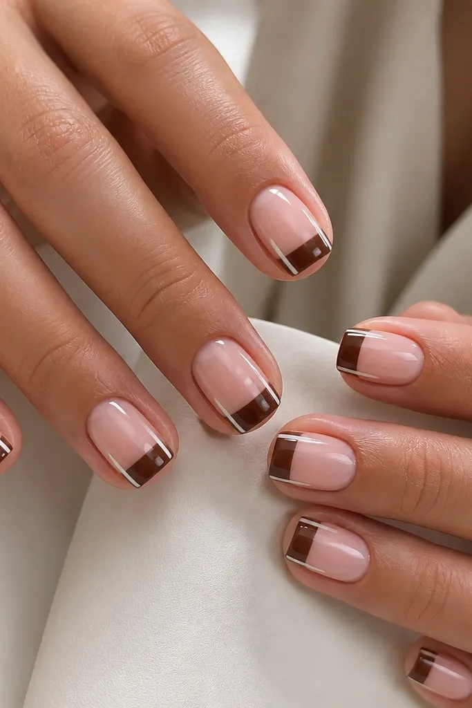 Short square nails with espresso-brown rectangular bar tips; two thin milky white stripes run vertically down each side of the nail from the bar area toward the middle; glossy.