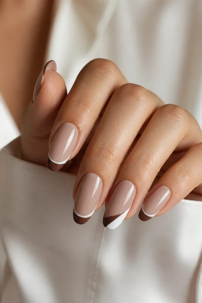 Mostly classic French nails with warm taupe base and brown French tips with a milky white inner line; one accent nail has a diagonal French tip splitting brown and white; glossy.