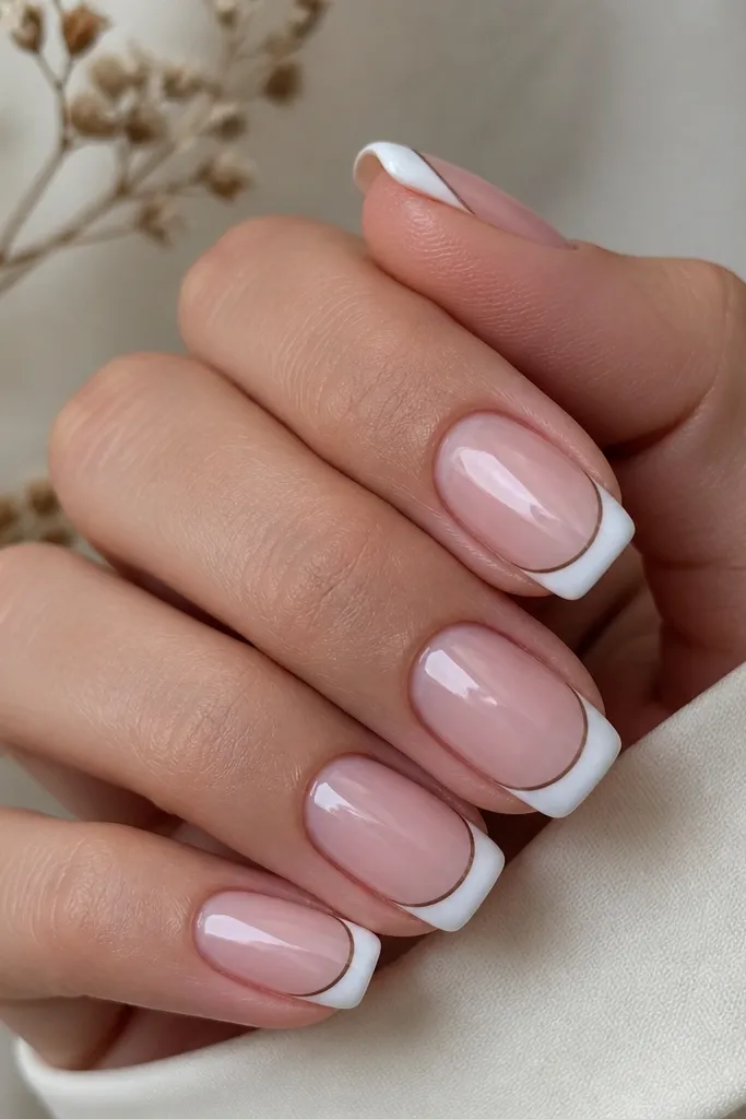 Medium squoval nails with milky white French tips; a thin brown pinstripe follows the smile curve just inside the white; glossy.