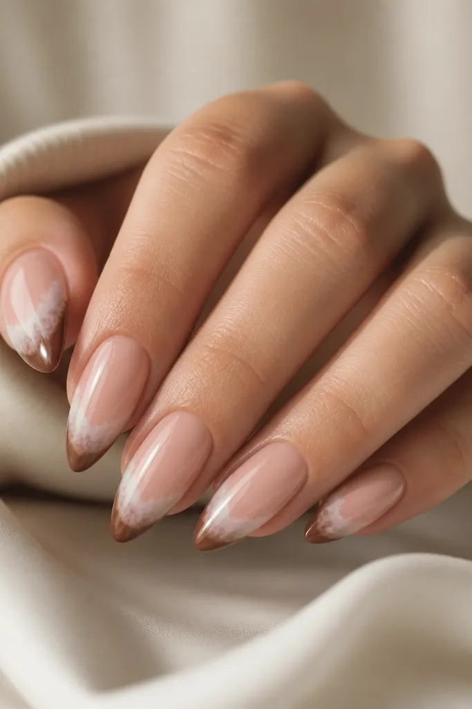 Almond nails with nude base, brown French tips; on top of the brown tip is a soft white watercolor wash that fades toward the center; glossy.