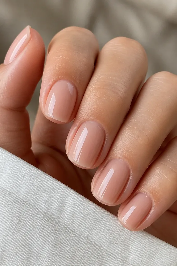 Short square-nail nude set with a milky sheer base, glossy reflective topcoat, and no nail art; cuticles look clean and natural.