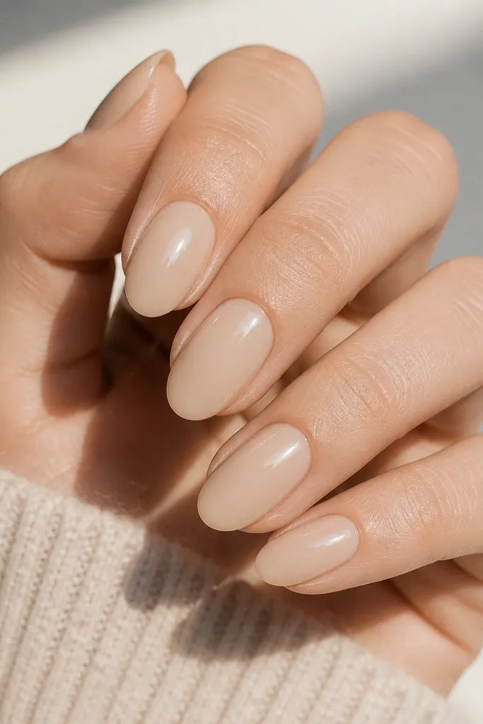 Short almond nails in a creamy beige nude, high shine, clean cuticles, and a natural-looking translucency at the edges.